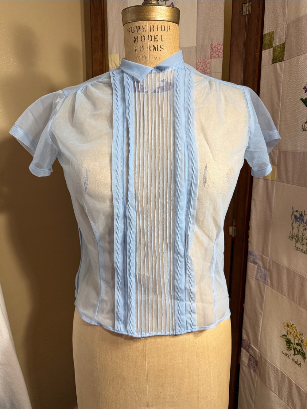 Vintage 1950s Sheer Blue Nylon Blouse Pintuck Tuxedo Front Back Button 38”